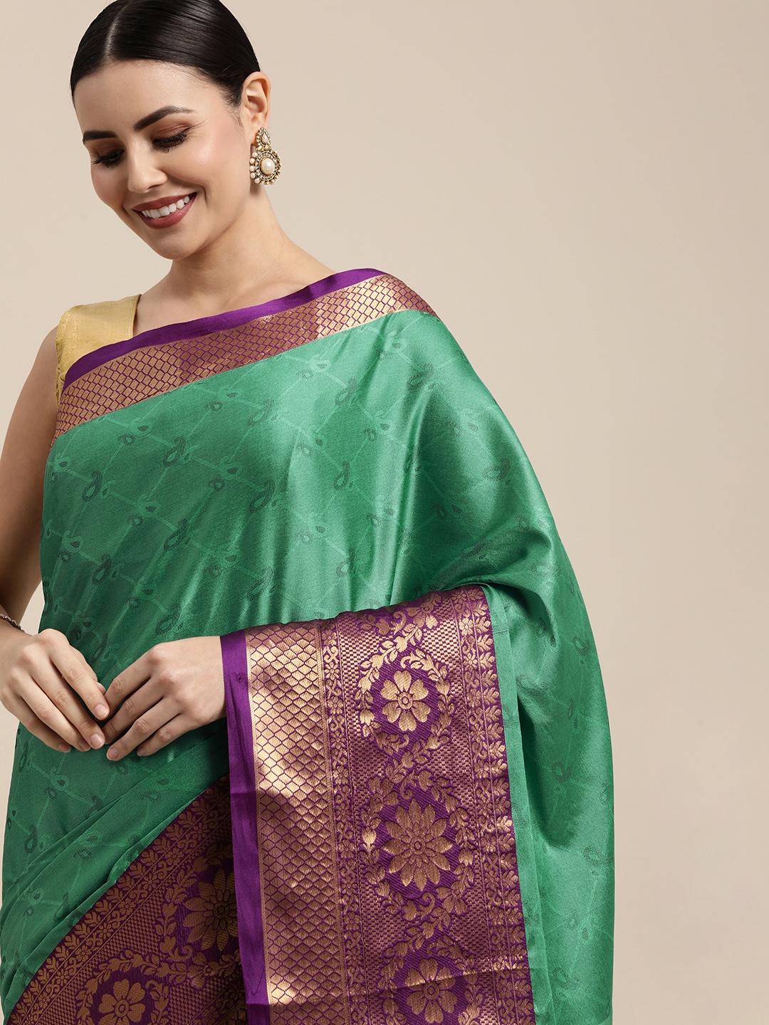 

Mitera Sea Green & Purple Paisley Zari Silk Cotton Banarasi Saree