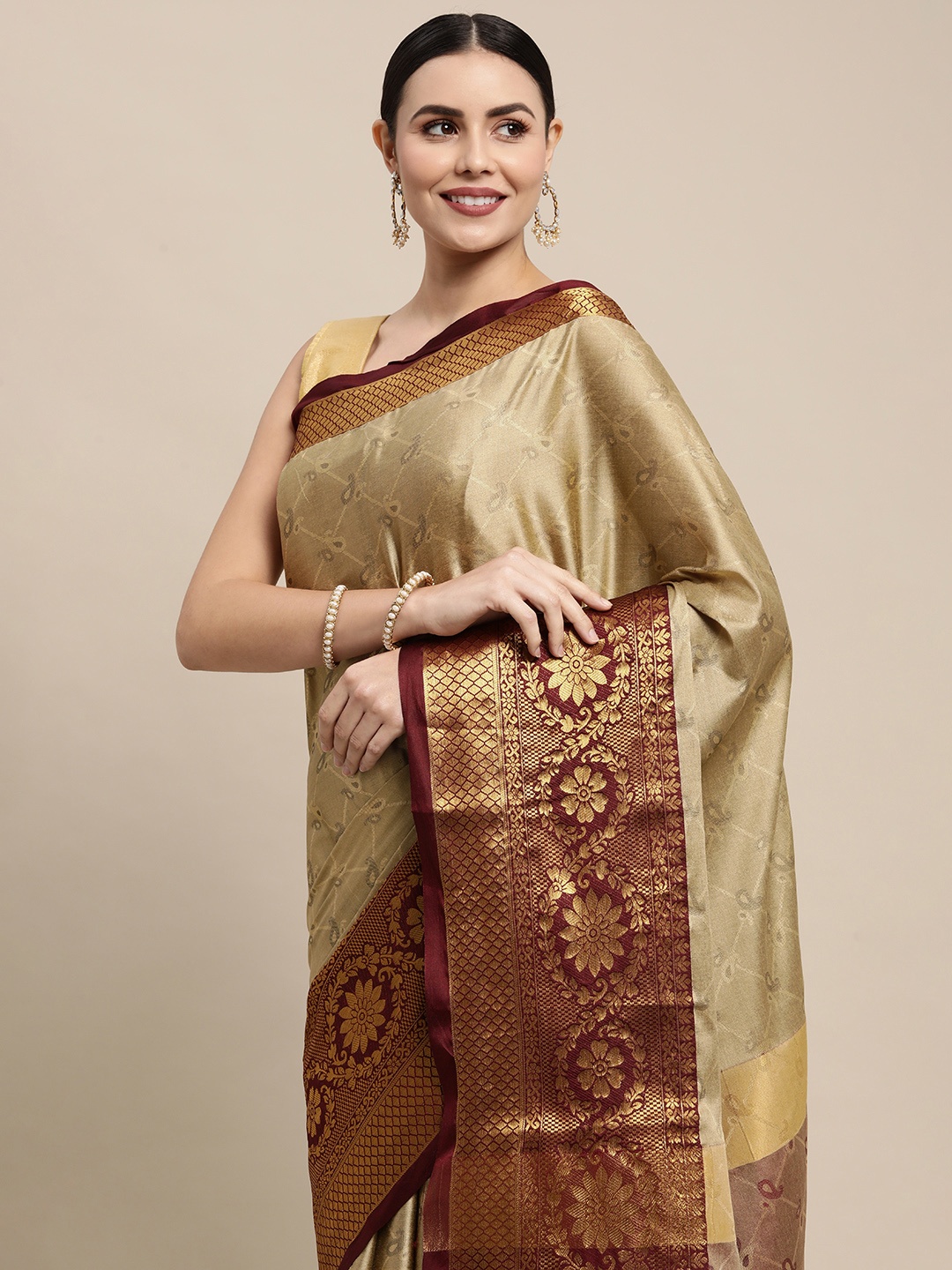 

Mitera Beige & Maroon Paisley Zari Silk Cotton Banarasi Saree