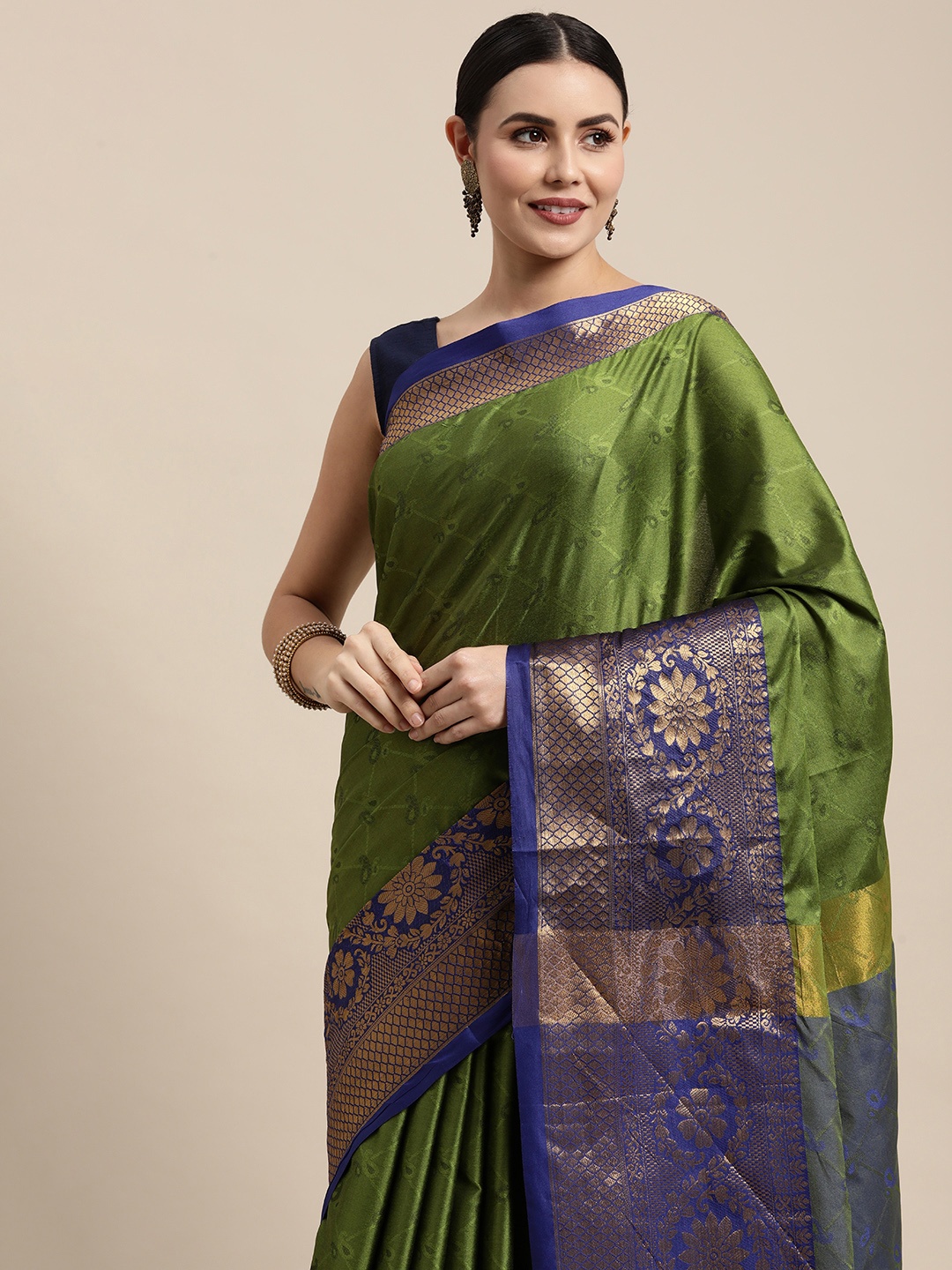 

Mitera Green & Navy Blue Paisley Zari Silk Cotton Banarasi Saree