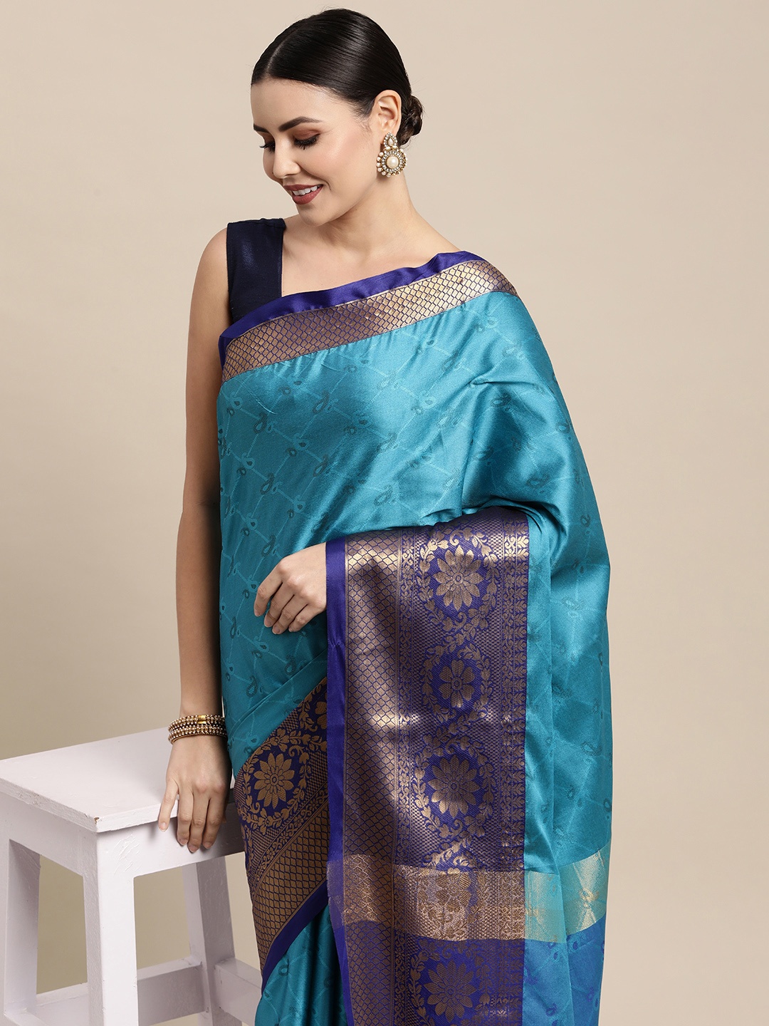 

Mitera Turquoise Blue & Gold-Toned Paisley Zari Silk Cotton Banarasi Saree