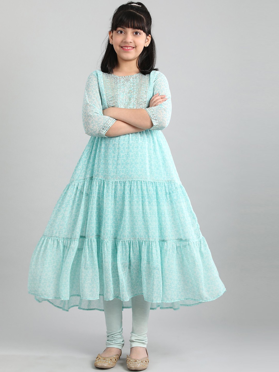 

AURELIA Girls Blue Ethnic Motifs Printed Beads and Stones Kurta With Leggings