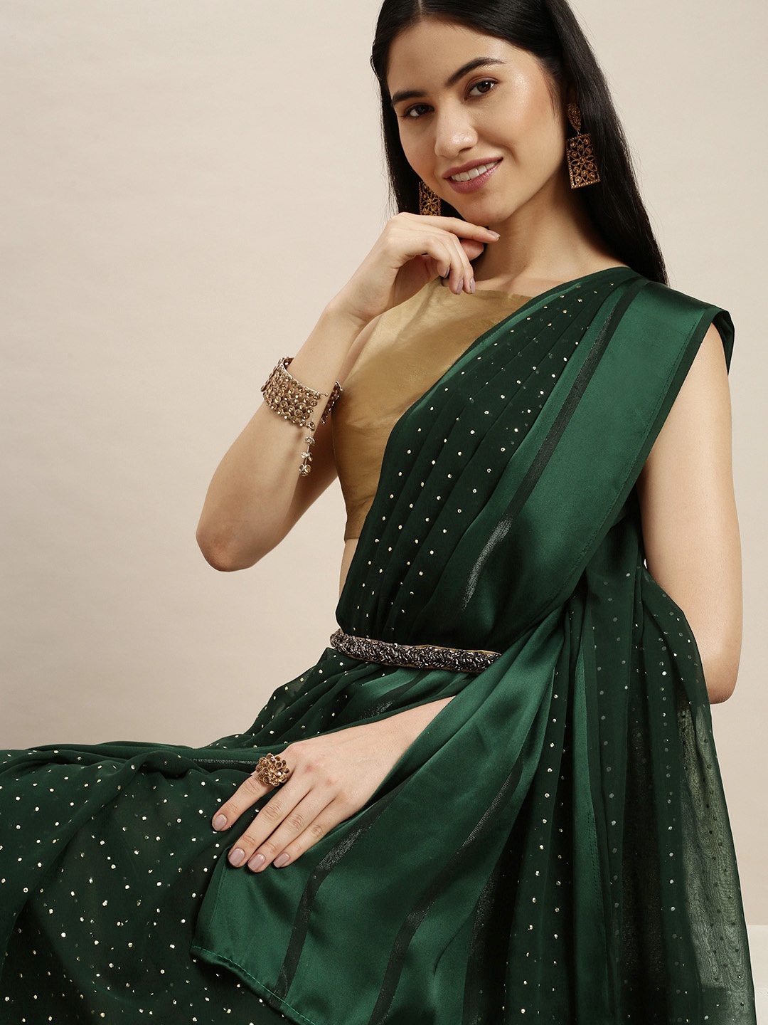 

ORUS Green Embellished Mukaish Silk Cotton Saree with Blouse