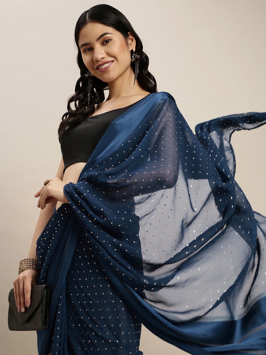 

ORUS Teal Blue Embellished Mukaish Silk Cotton Saree with Blouse