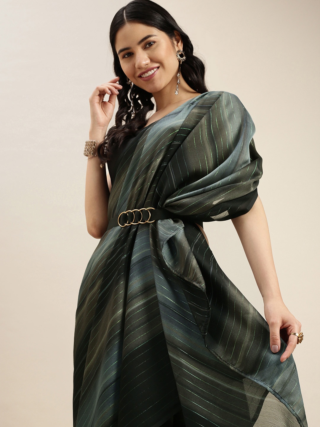 

ORUS Black & Blue Striped Zari Pure Georgette Saree with Blouse
