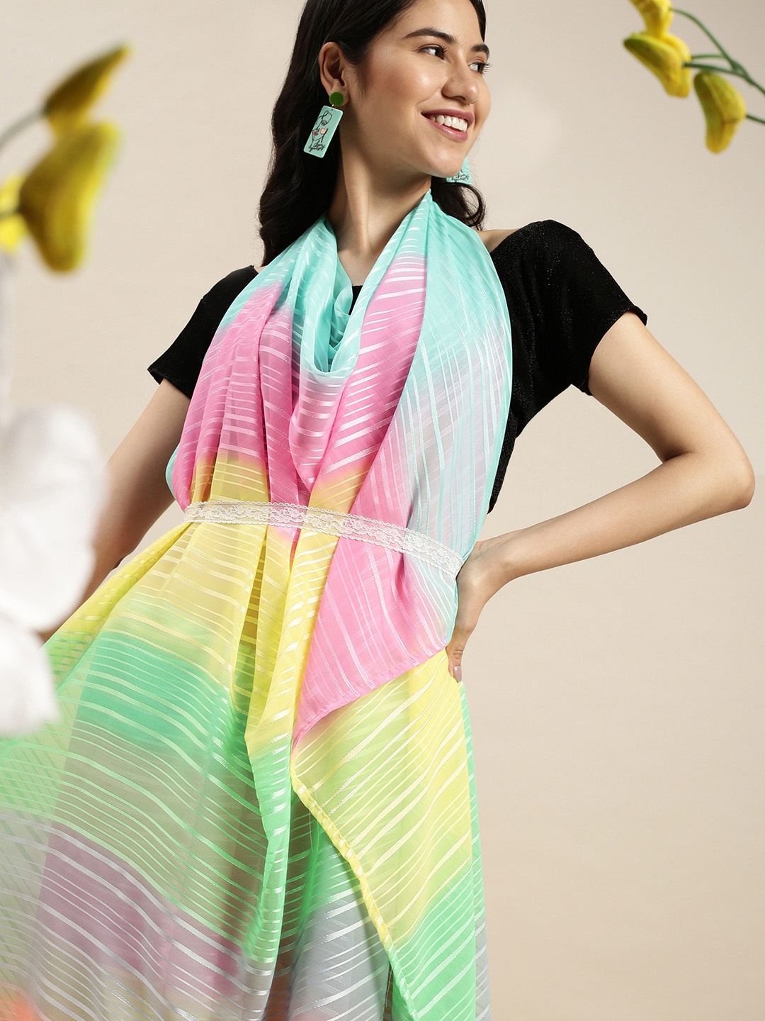 

ORUS Pink & Yellow Striped Zari Pure Georgette Saree with Blouse