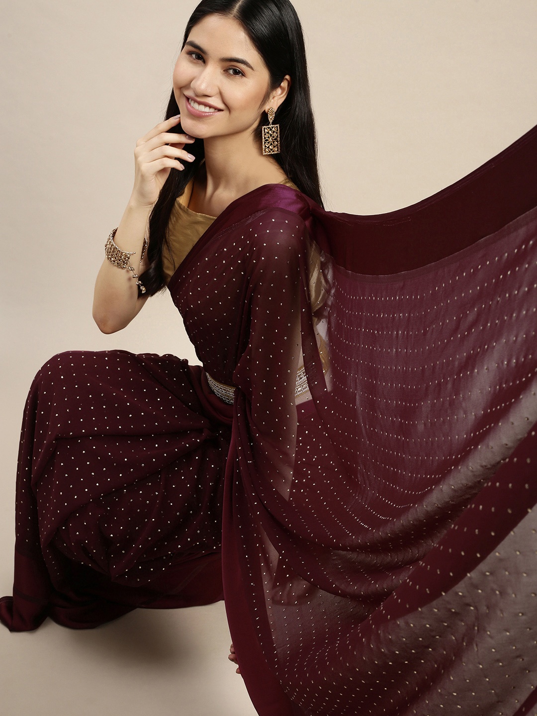 

ORUS Burgundy Embellished Mukaish Silk Cotton Saree with Blouse