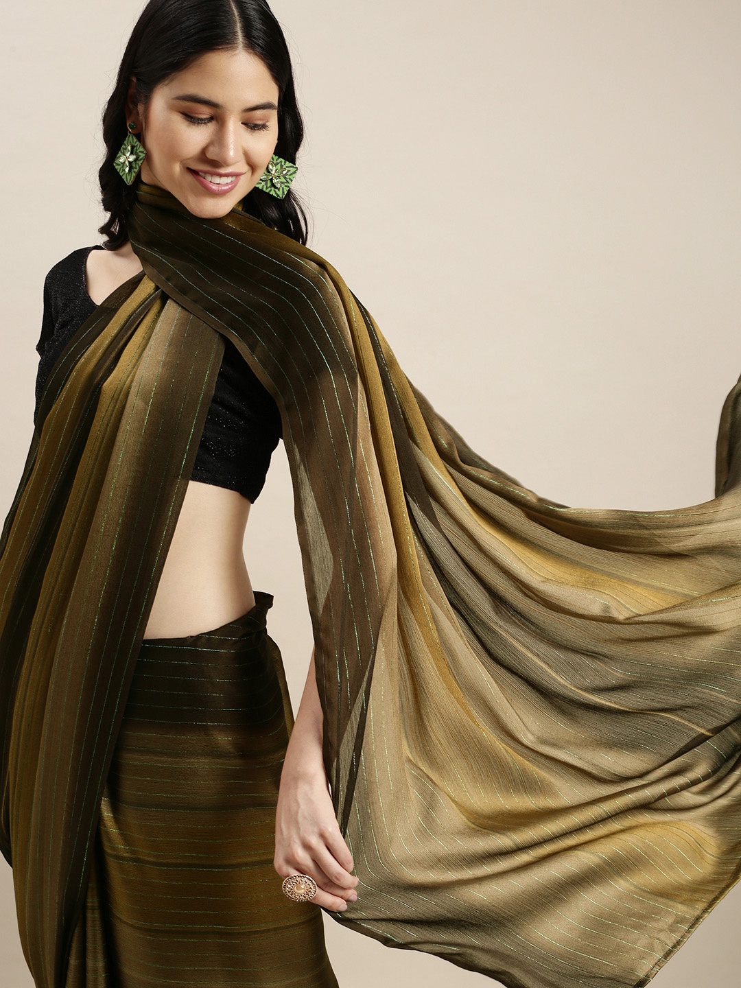 

ORUS Green & Brown Striped Zari Pure Georgette Saree WITH bLOUSE