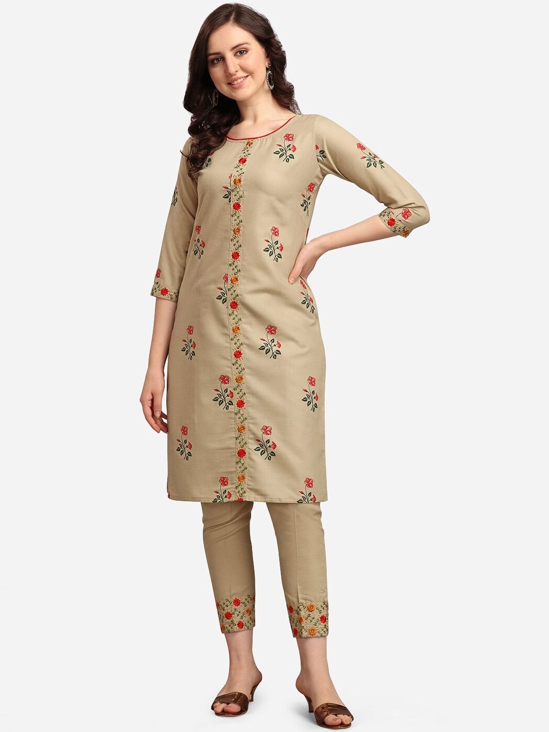 

KALINI Women Cream-Coloured Embroidered Kurti with Trousers