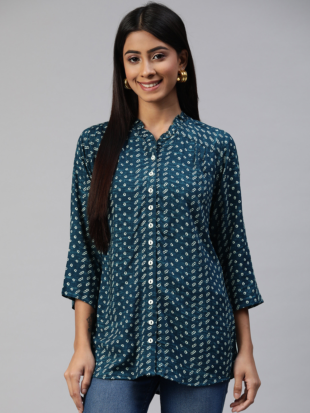 

Ayaany Blue Print Shirt Style Frilled V-Neck Longline Top