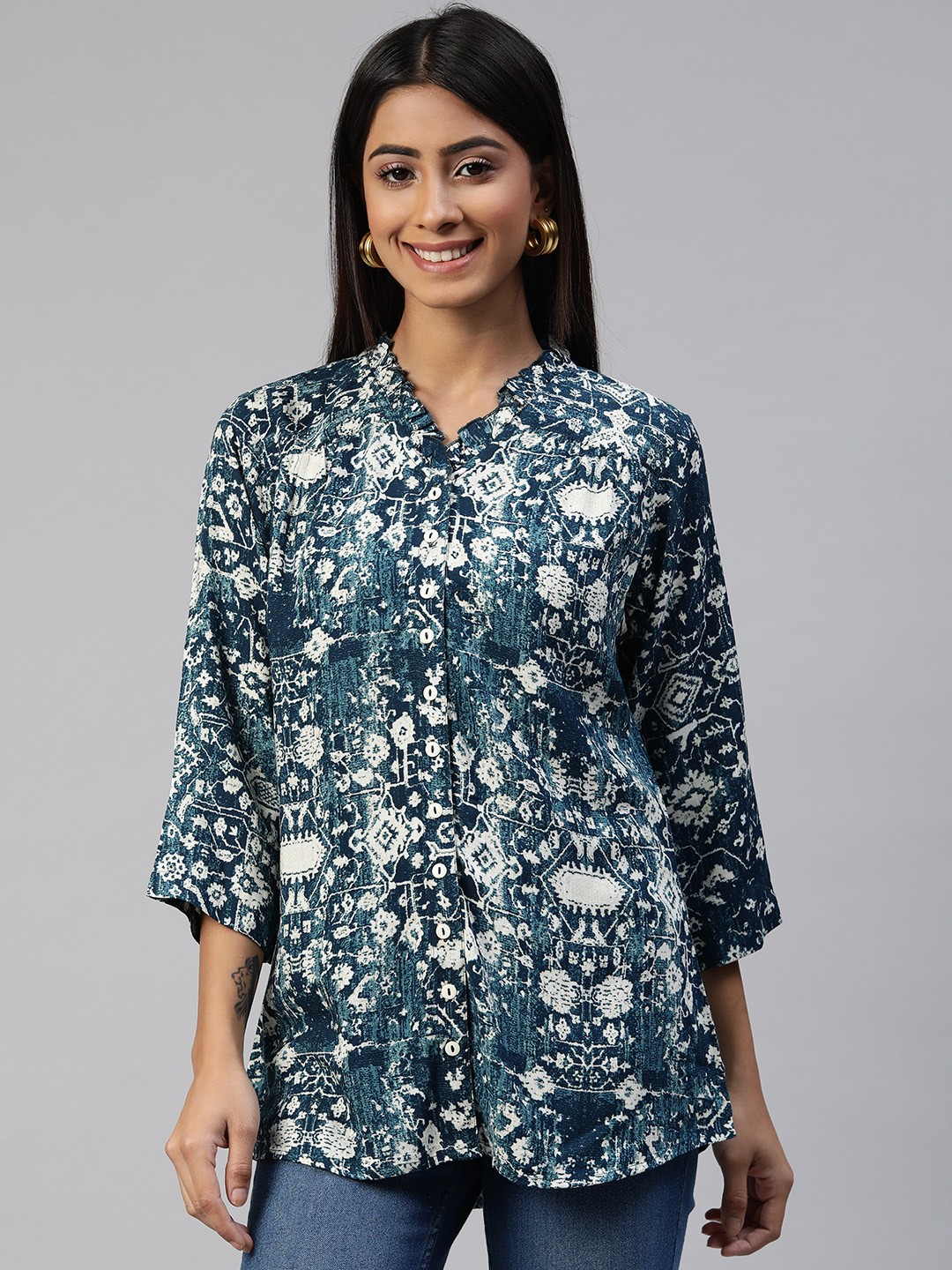 

Ayaany Teal & Off White Print Shirt Style Frilled V-Neck Longline Top