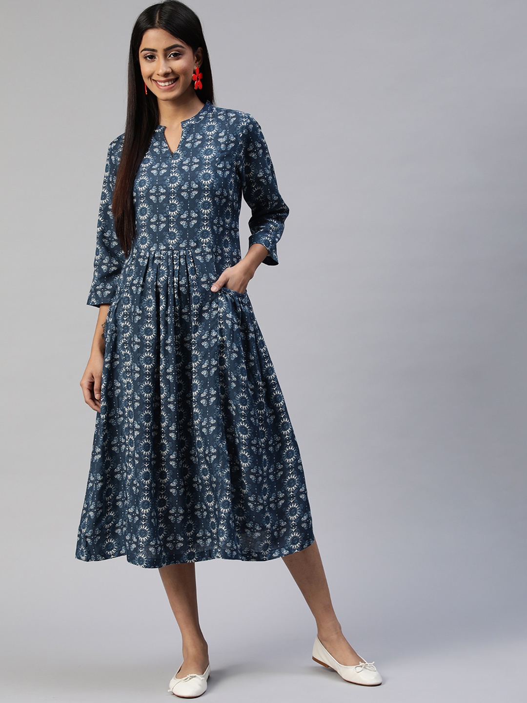 

Ayaany Navy Blue Ethnic Motifs Flared Midi Dress