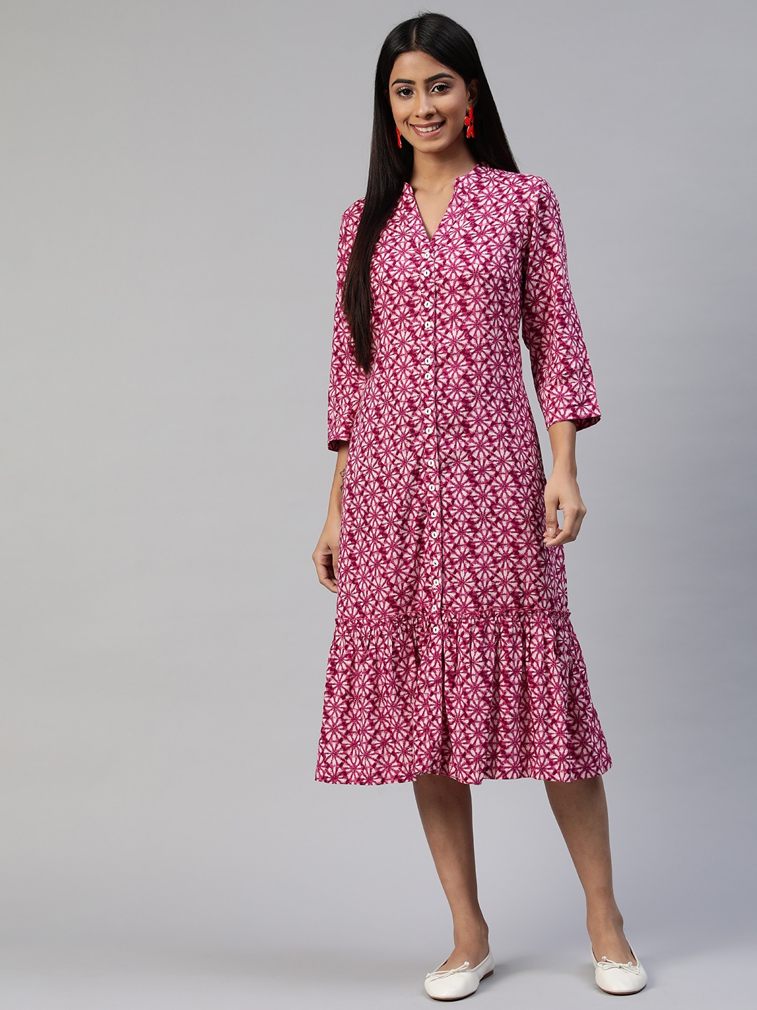 

Ayaany Pink Floral Frill Tiered Shirt Midi Dress