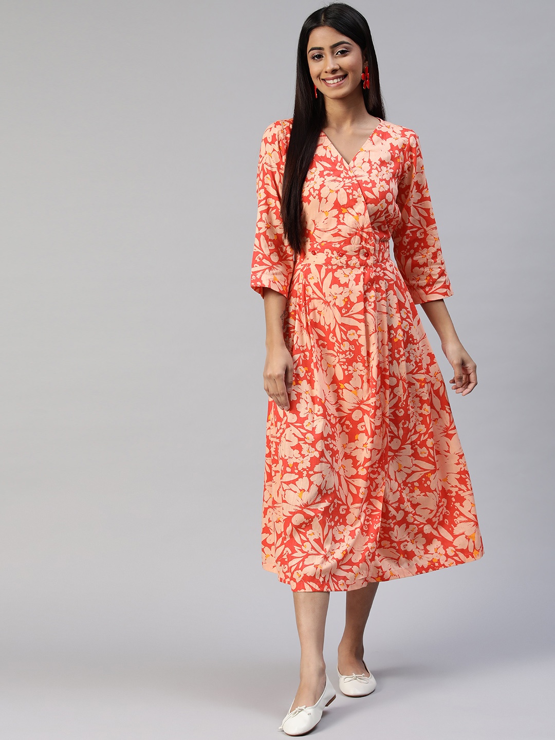 

Ayaany Orange Floral Pleated Midi Dress