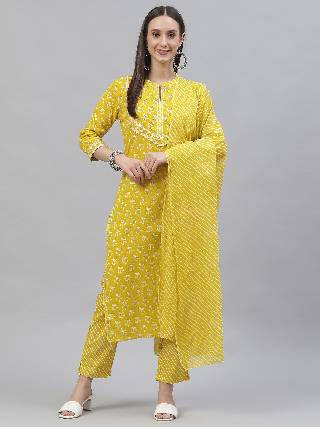 

INDYES Women Yellow Ethnic Motifs Sequinned Pure Cotton Kurta with Trousers & Dupatta