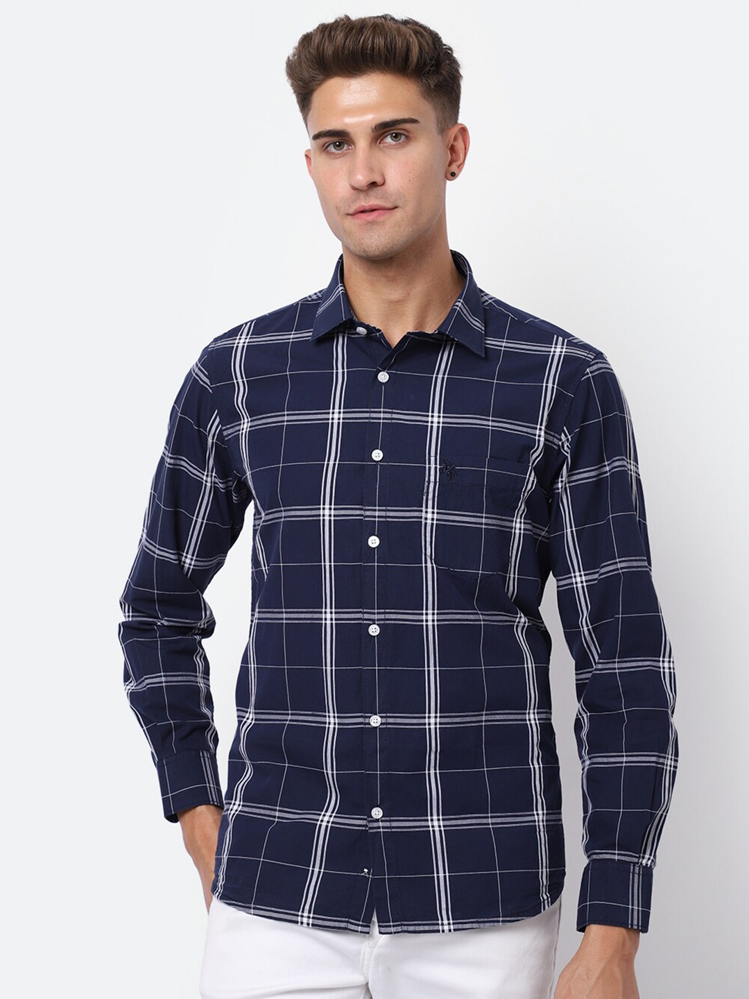 

Cantabil Men Navy Blue Windowpane Checks Checked Casual Shirt