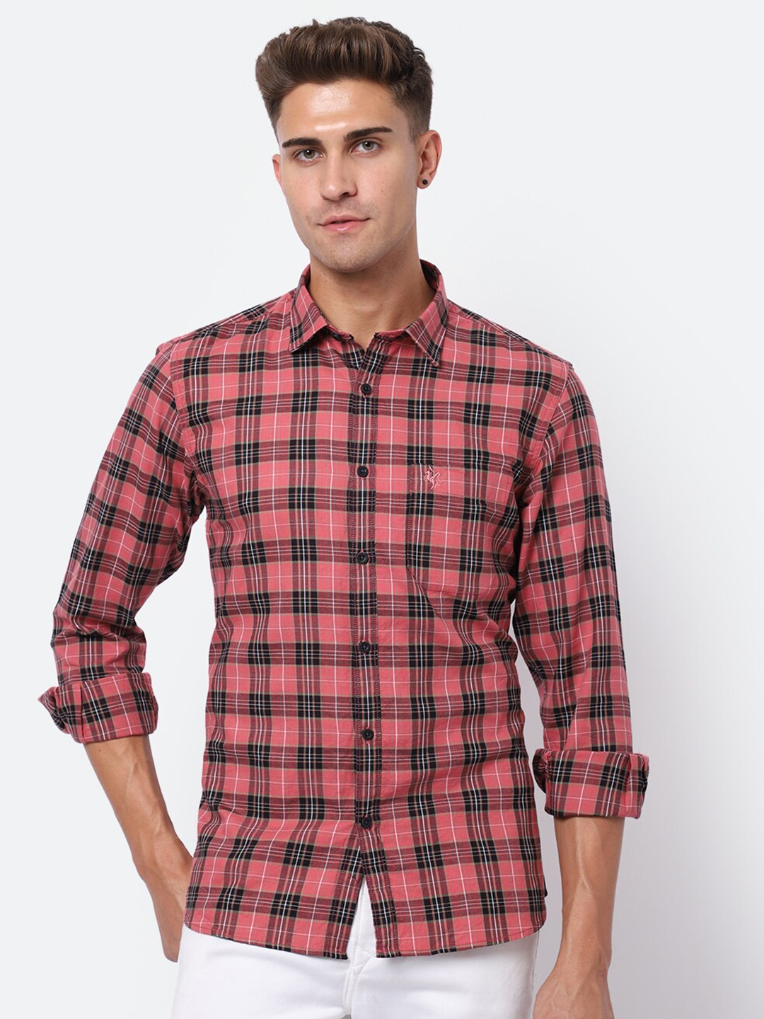 

Cantabil Men Pink Tartan Checks Checked Casual Shirt