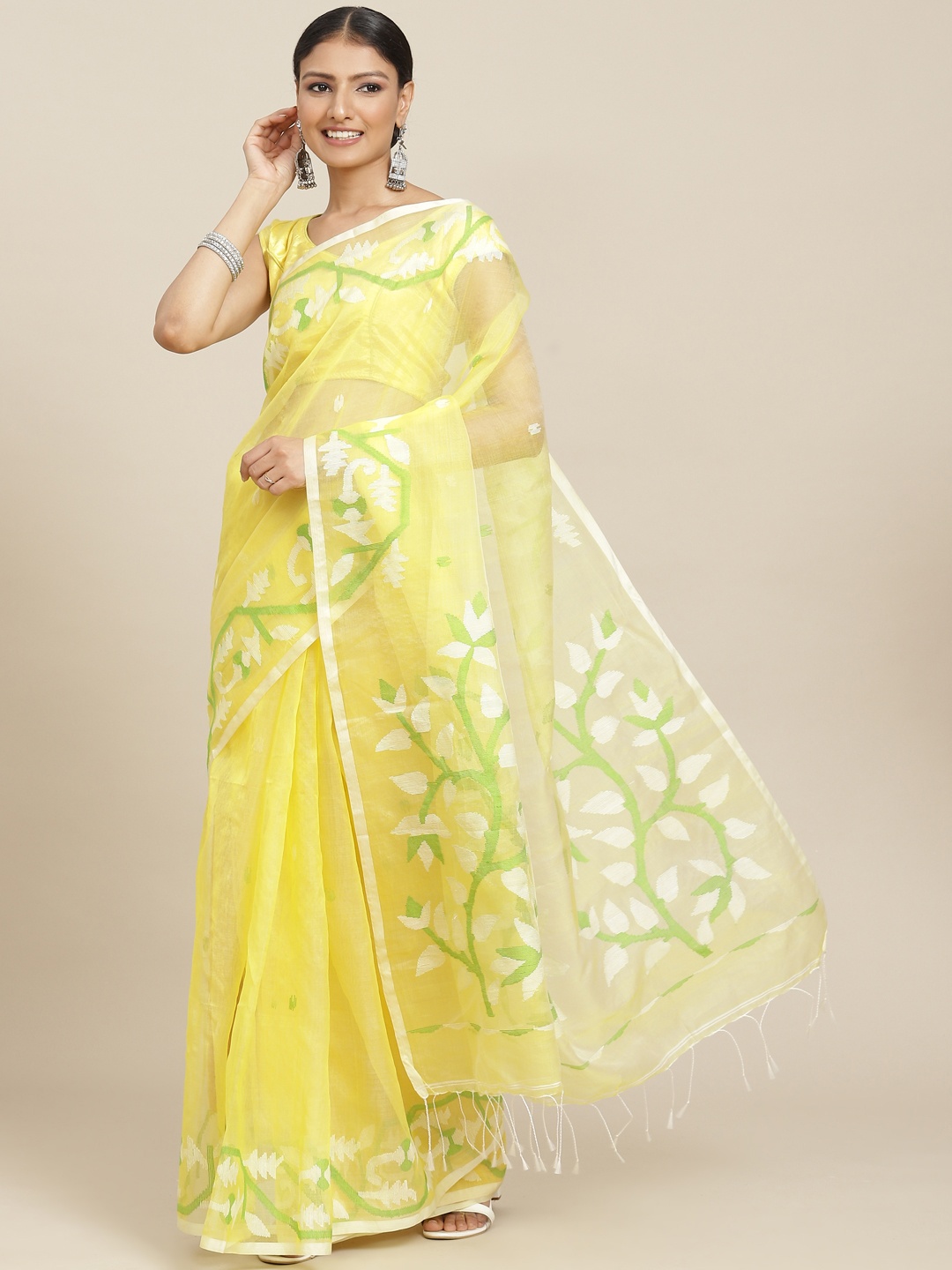 

ADITRI Yellow & Green Floral Zari Pure Silk Jamdani Saree
