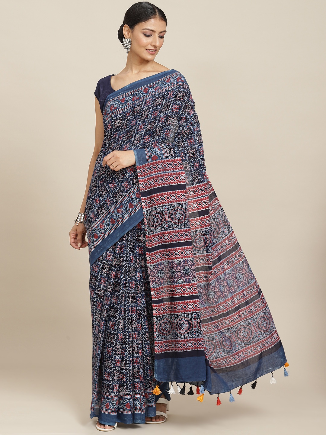

ADITRI Blue & Red Pure Cotton Block Print Saree