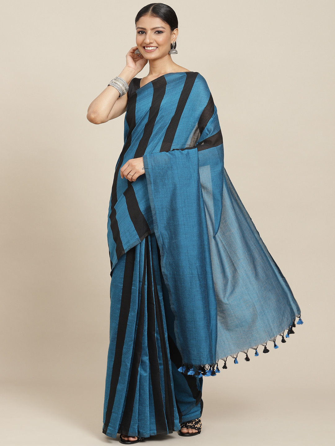 

ADITRI Blue & Black Striped Pure Cotton Saree