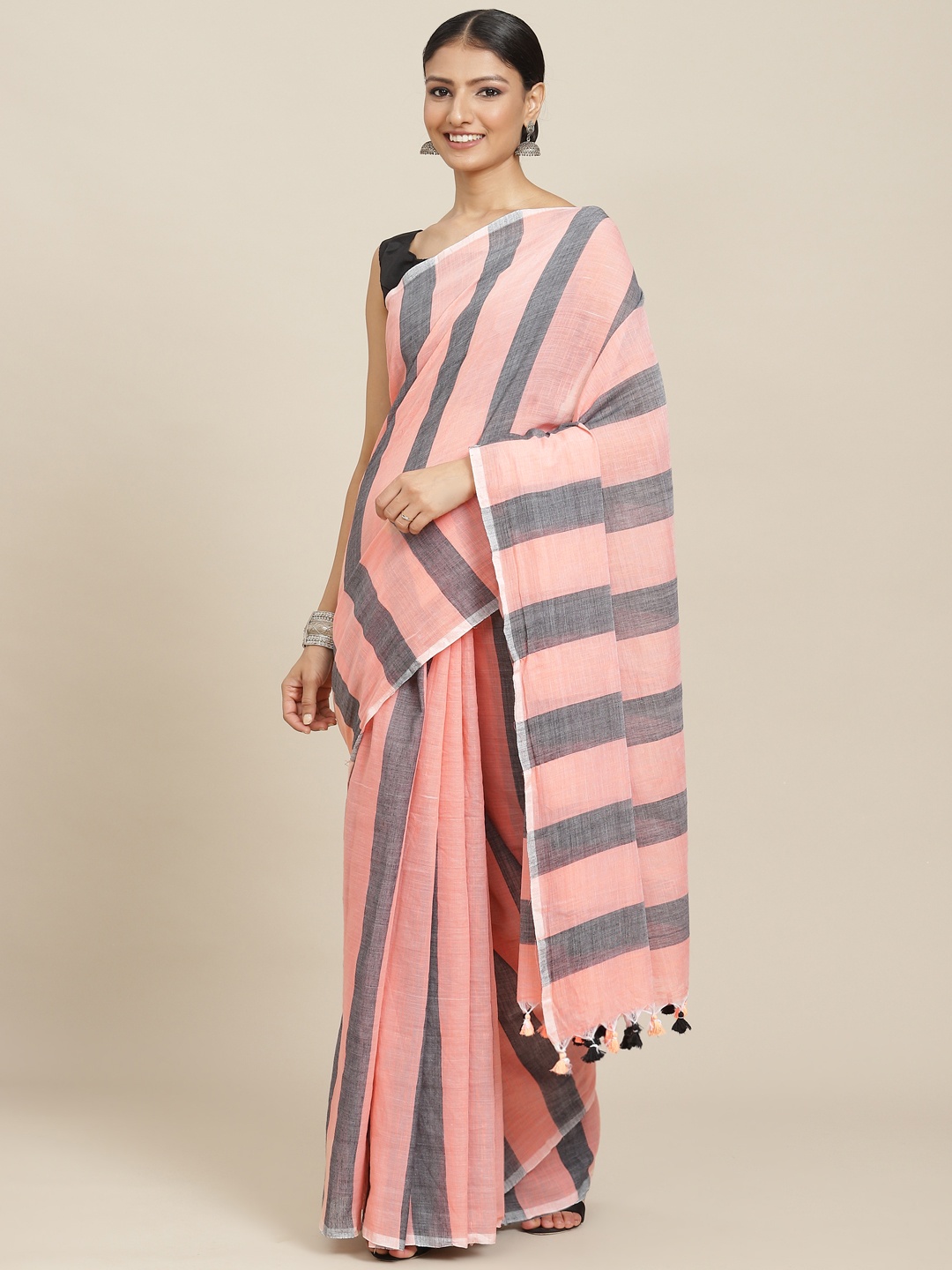 

ADITRI Pink & Grey Striped Pure Cotton Saree