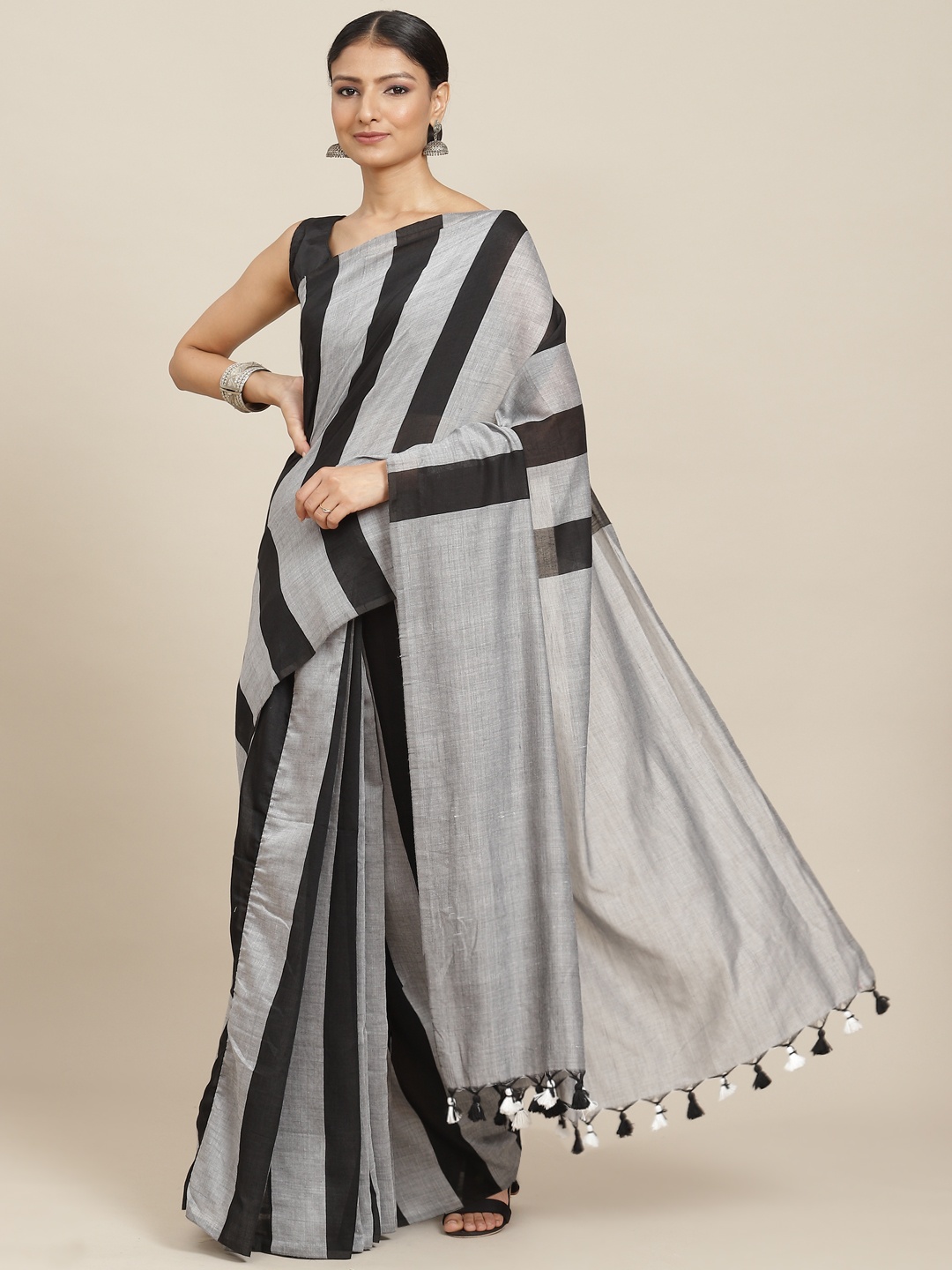 

ADITRI Grey & Black Striped Pure Cotton Saree