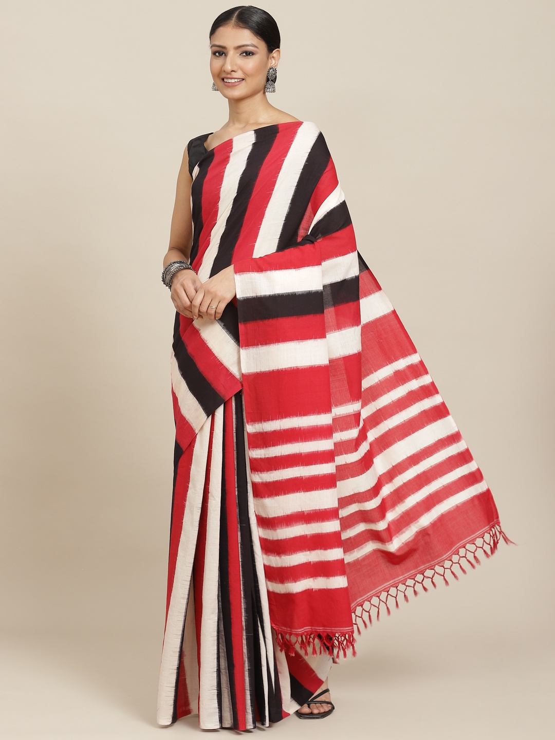 

ADITRI Handloom Assorted Striped Pure Cotton Ikat Saree