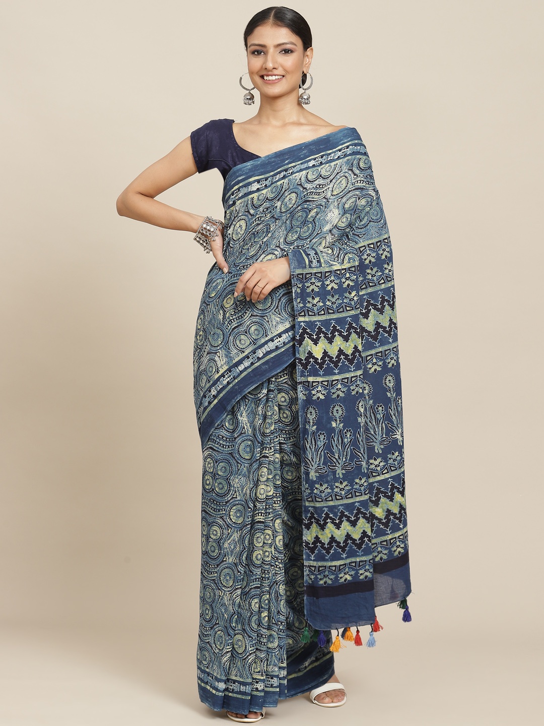 

ADITRI Navy Blue Pure Cotton Block Print Saree