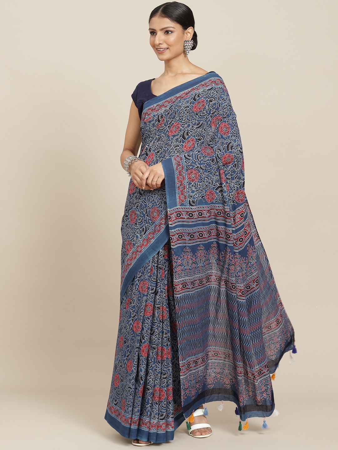 

ADITRI Navy Blue & Red Pure Cotton Block Print Saree