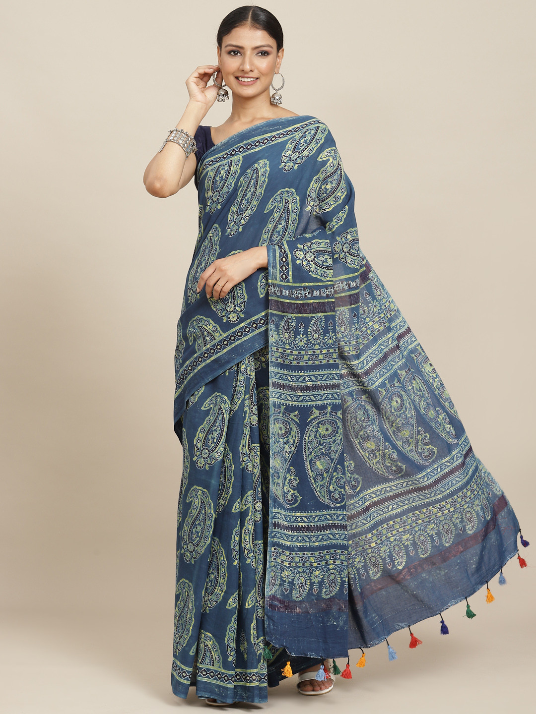 

ADITRI Blue & Yellow Pure Cotton Block Print Saree