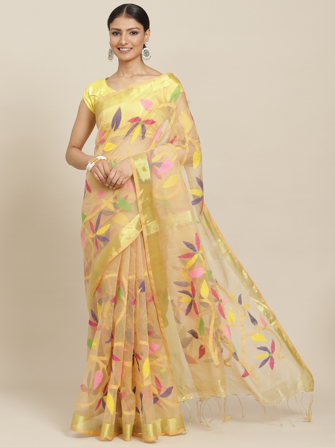 

ADITRI Yellow Floral Zari Pure Silk Jamdani Saree