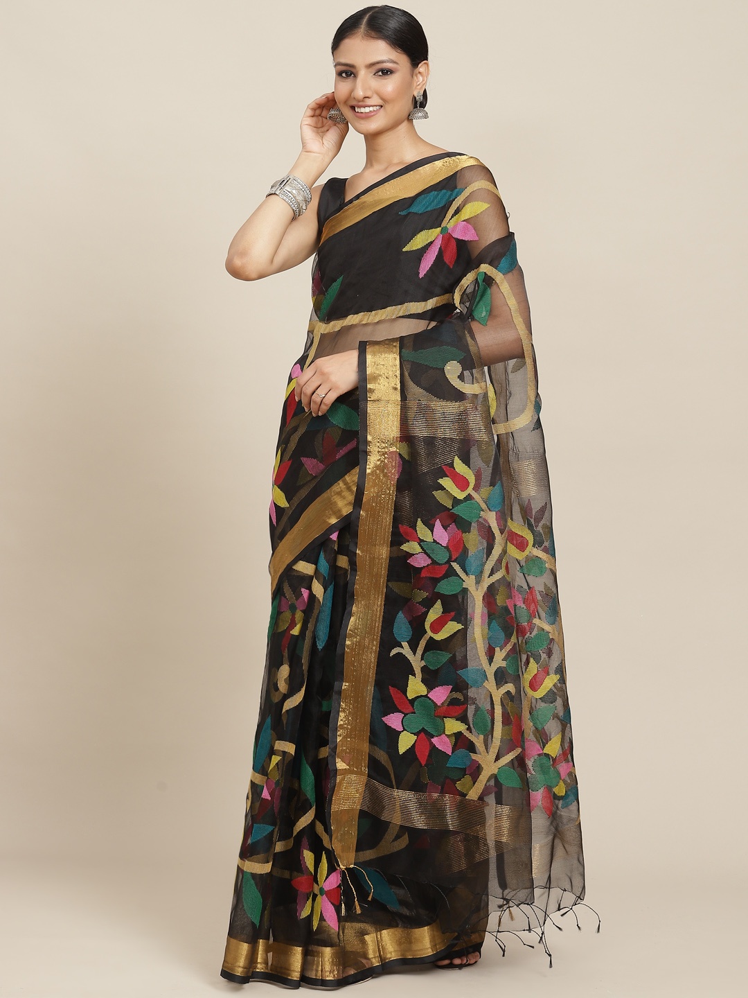 

ADITRI Handloom Black & Gold-Toned Floral Zari Pure Silk Jamdani Saree