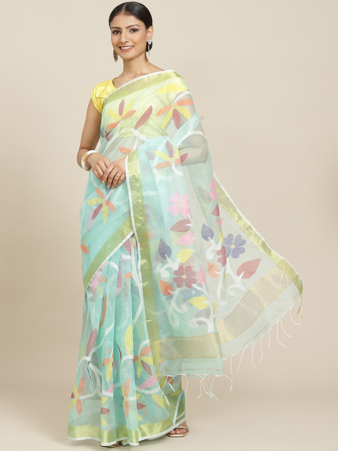 

ADITRI Handloom Blue & Gold-Toned Floral Zari Pure Silk Jamdani Saree