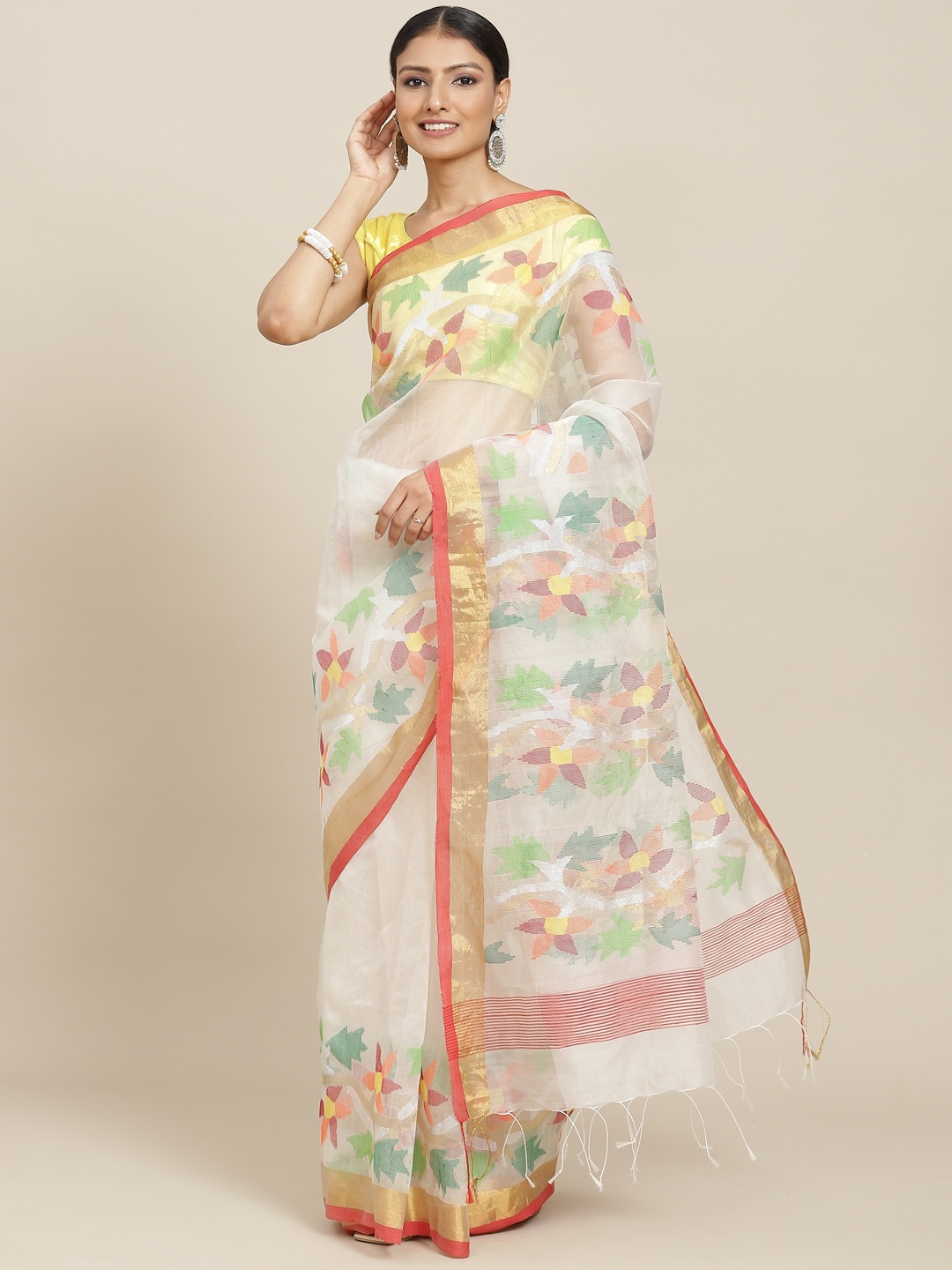

ADITRI Cream-Coloured & Red Floral Zari Pure Silk Jamdani Saree