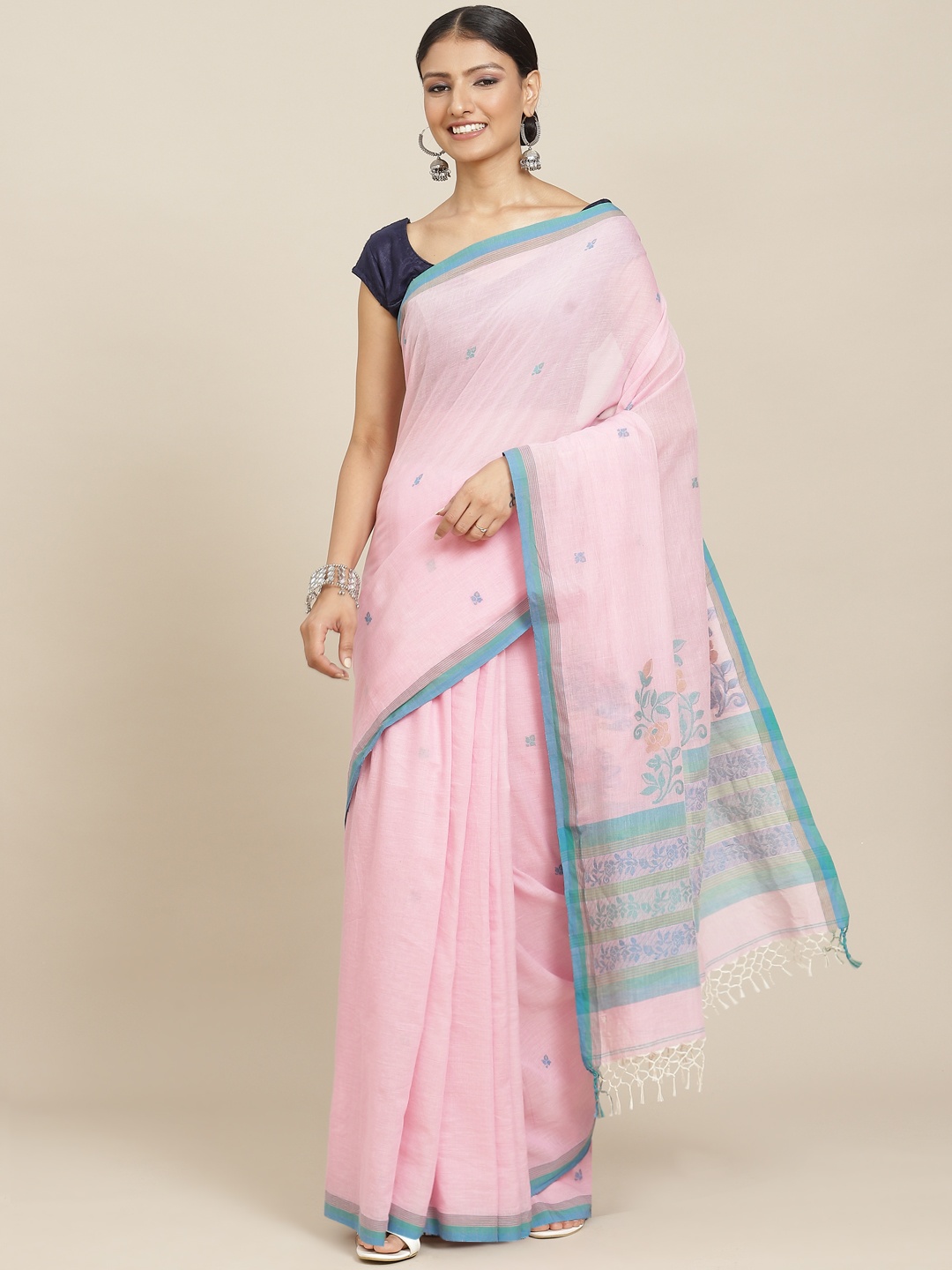 

ADITRI Handloom Pink & Blue Floral Pure Silk Jamdani Saree