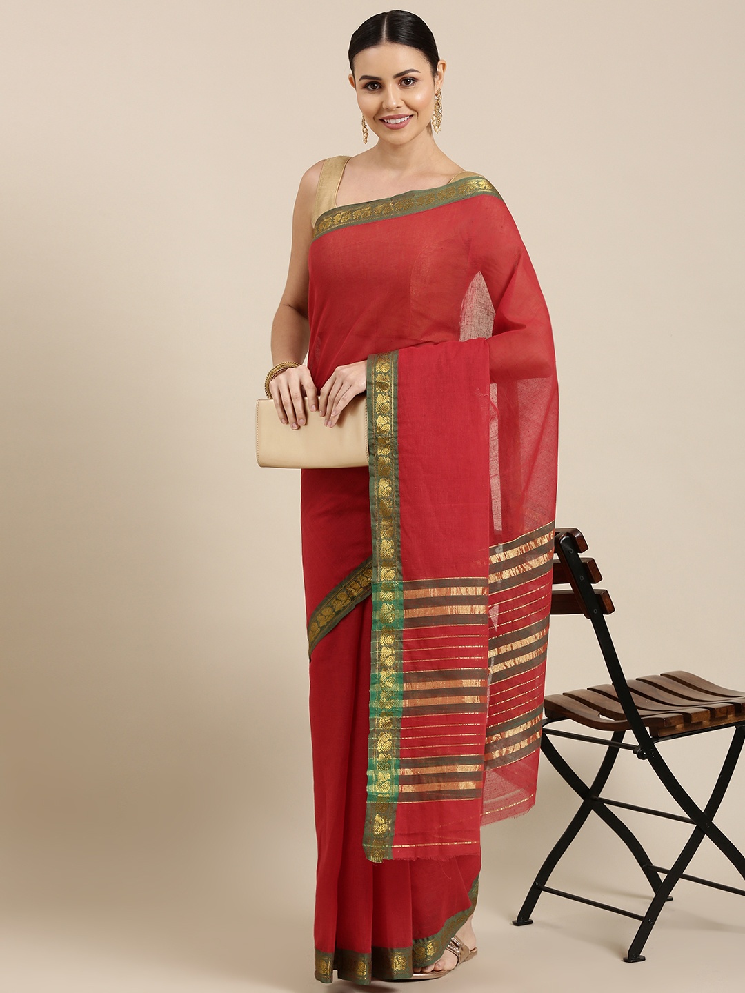 

KALINI Red & Green Solid Cotton Venkatgiri Saree