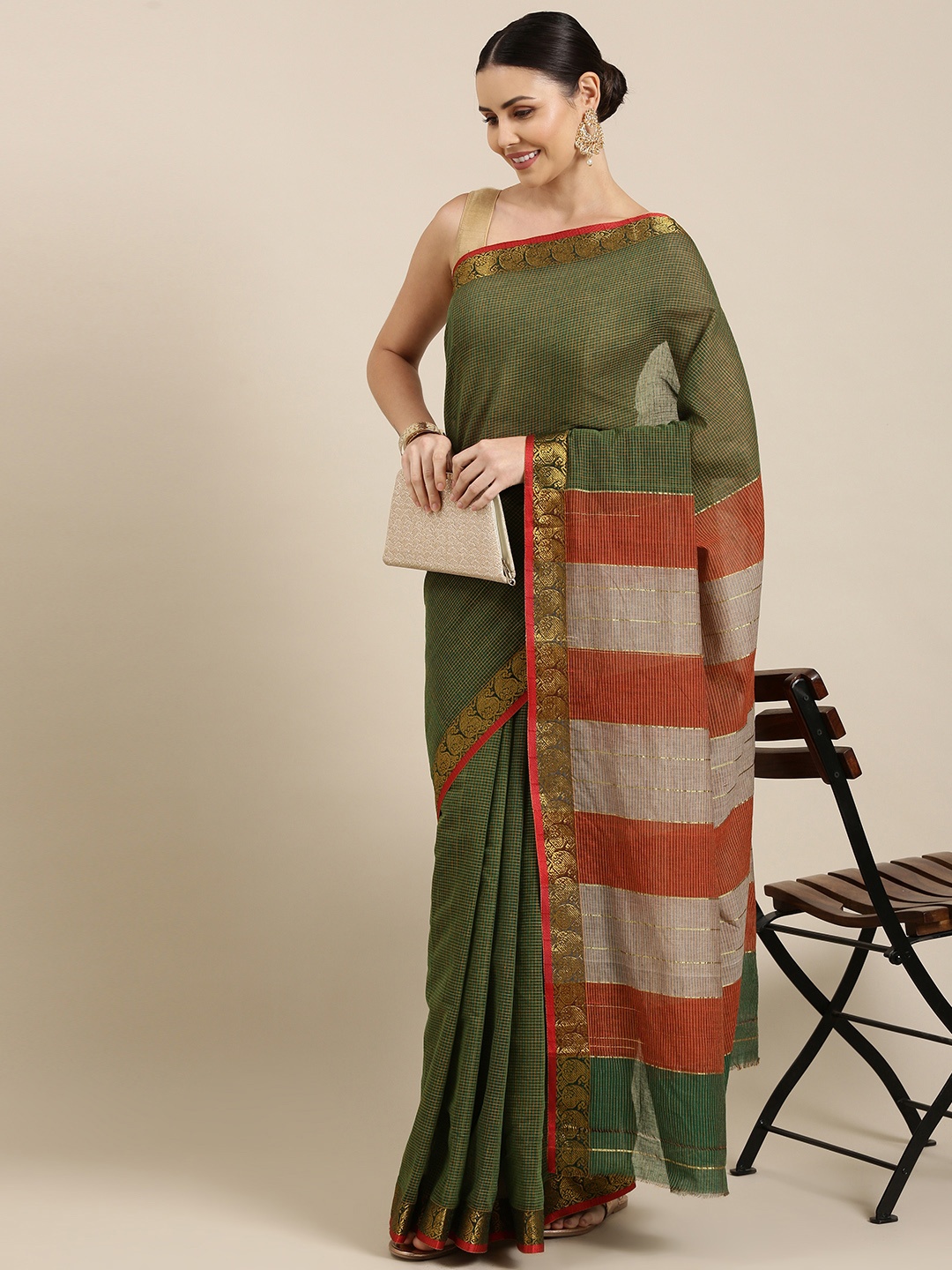 

KALINI Olive Green & Gold Checked Pure Cotton Mangalagiri Saree