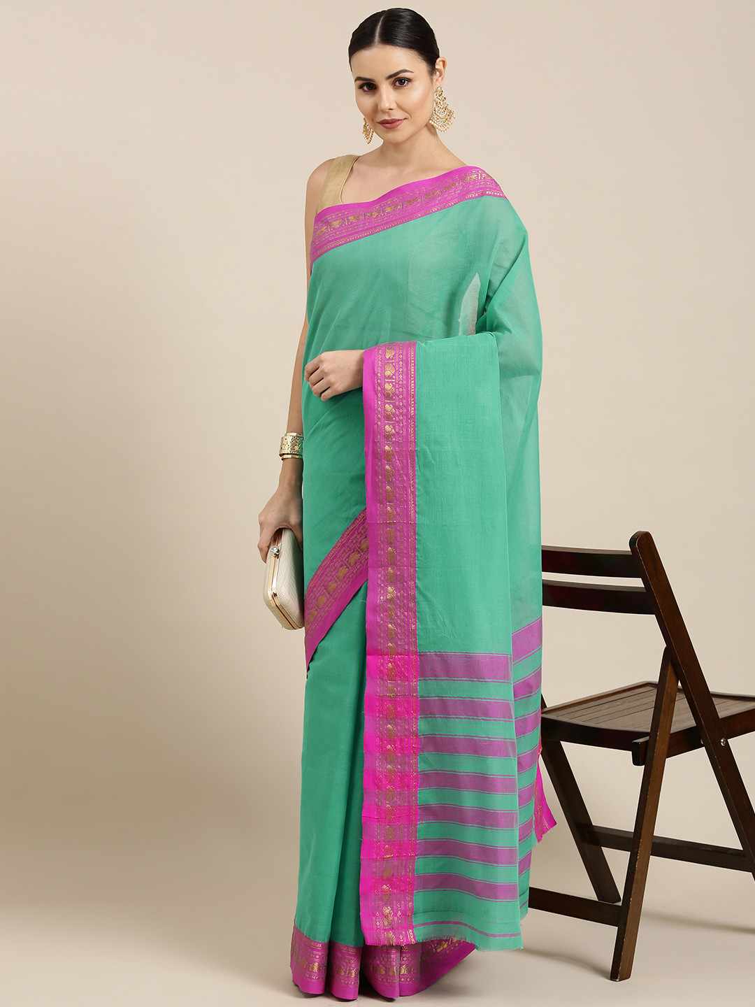 

KALINI Green & Pink Pure Cotton Chanderi Saree