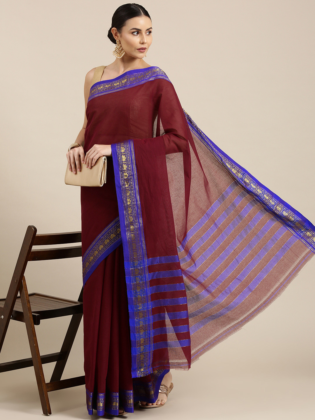 

KALINI Maroon & Blue Pure Cotton Chanderi Saree