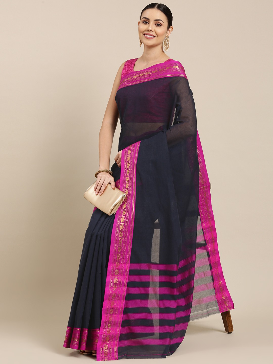

KALINI Navy Blue & Pink Pure Cotton Chanderi Saree