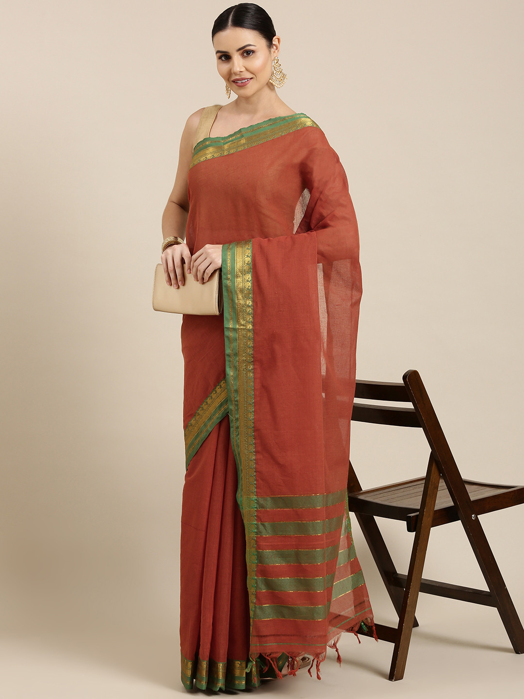 

KALINI Rust Brown & Green Pure Cotton Mangalagiri Saree