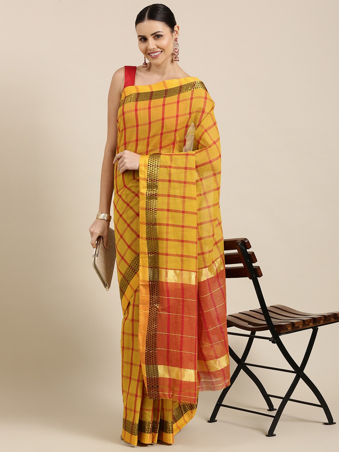

KALINI Yellow & Red Checked Pure Cotton Dharmavaram Saree