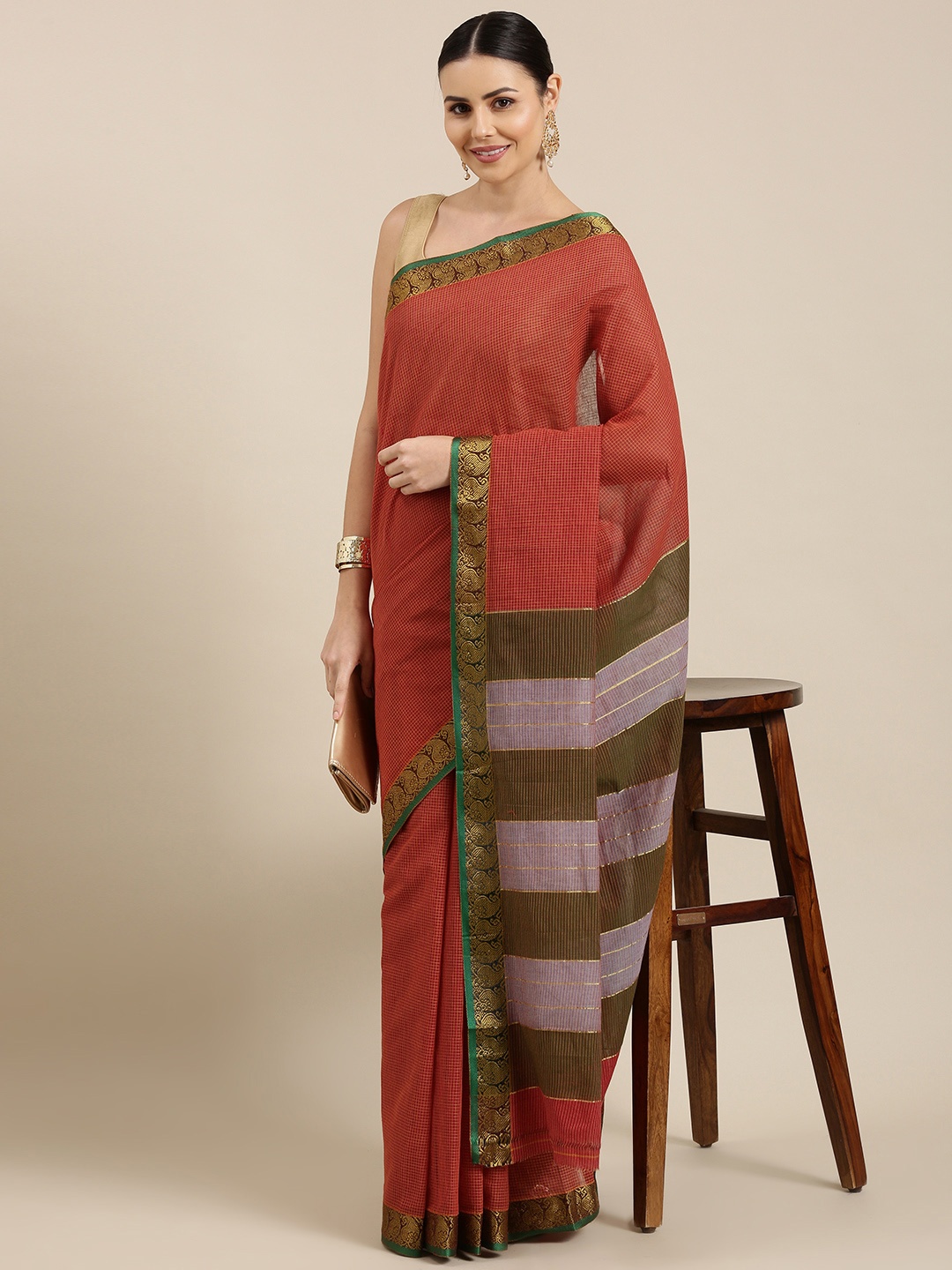 

KALINI Maroon & Orange Checked Pure Cotton Mangalagiri Saree