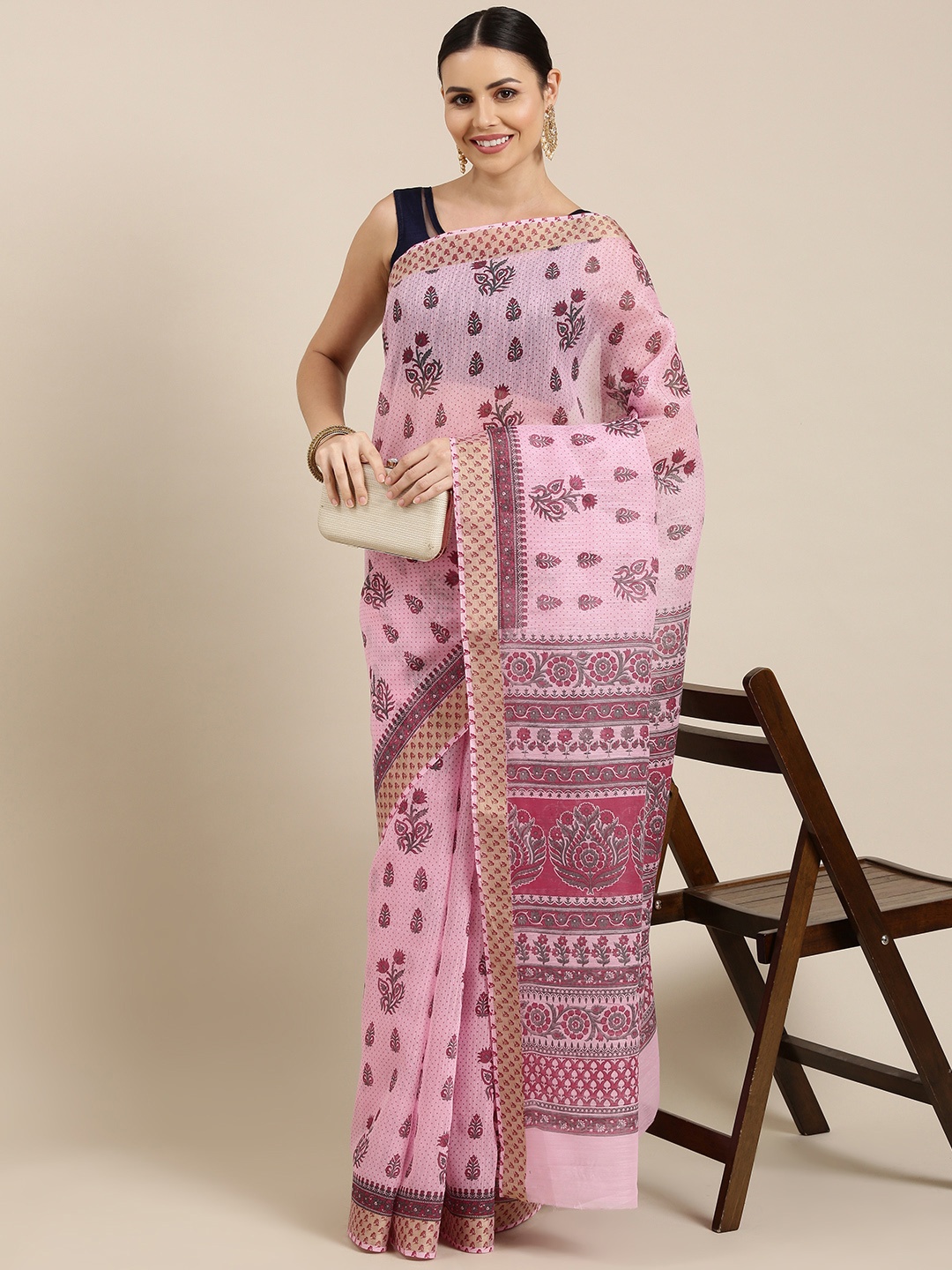 

KALINI Peach-Coloured Ethnic Motifs Jute Cotton Mangalagiri Saree