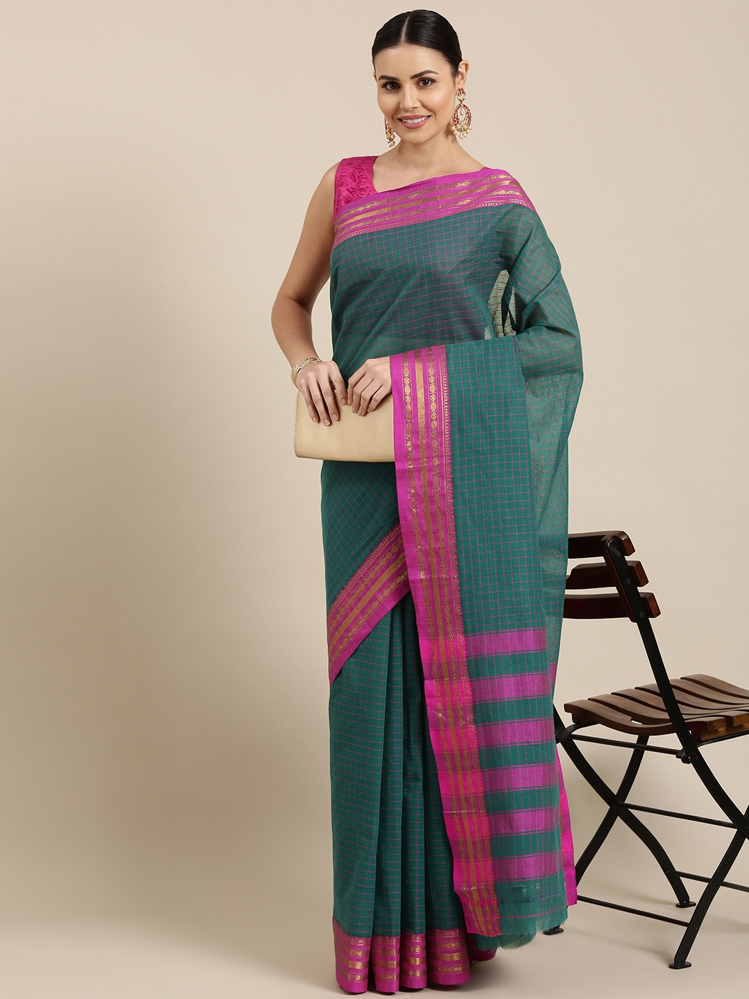 

KALINI Teal Blue & Pink Checked Pure Cotton Chanderi Saree