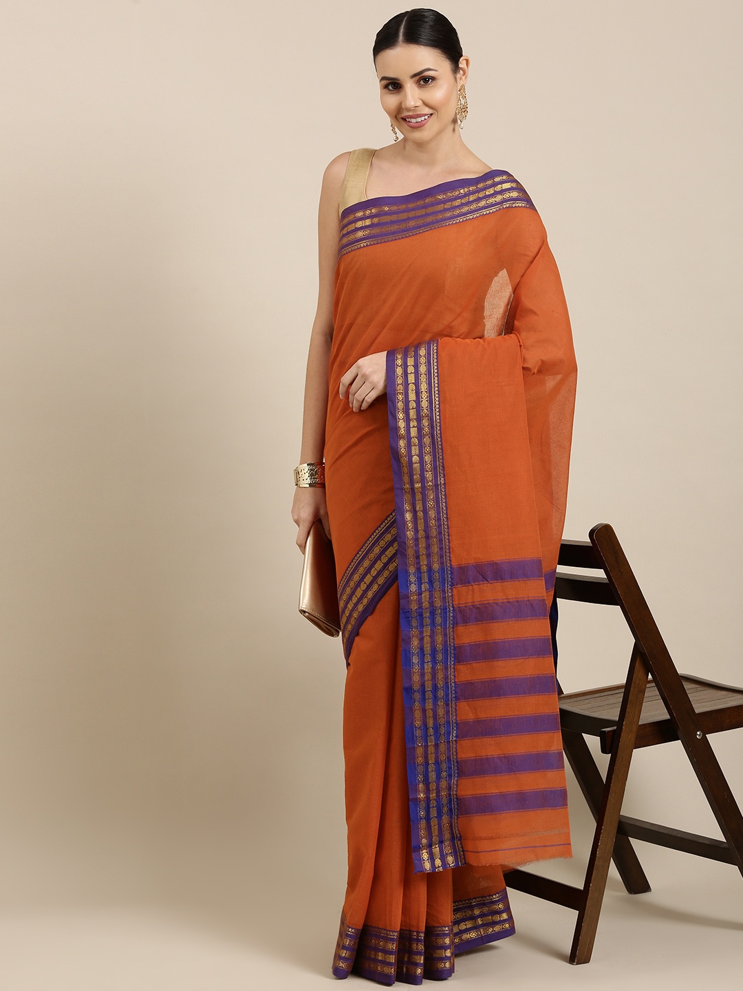 

KALINI Rust Orange & Purple Pure Cotton Chanderi Saree