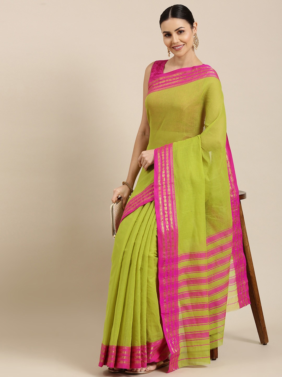 

KALINI Green & Pink Solid Cotton Chanderi Saree