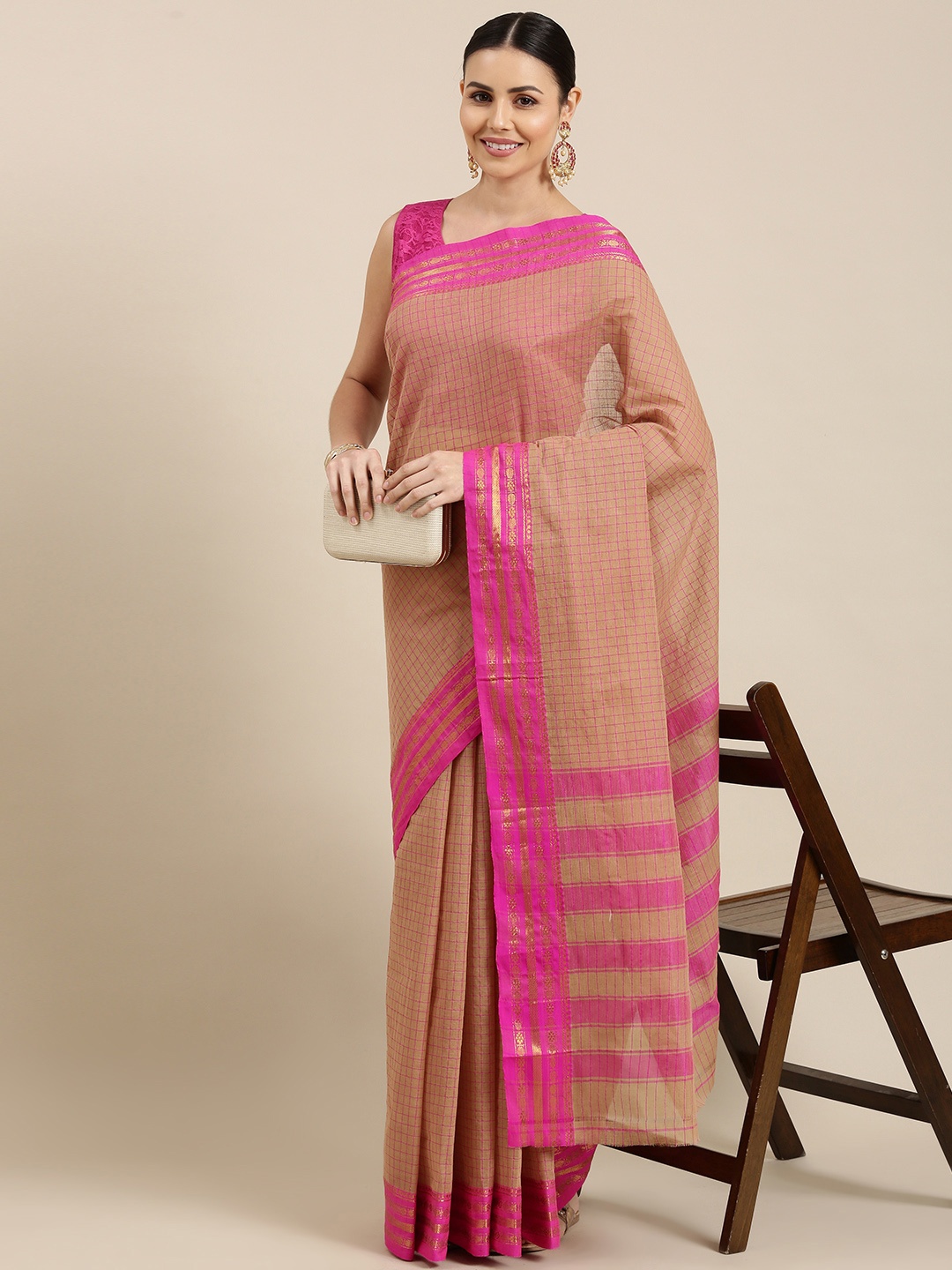 

KALINI Beige & Pink Checked Pure Cotton Chanderi Saree