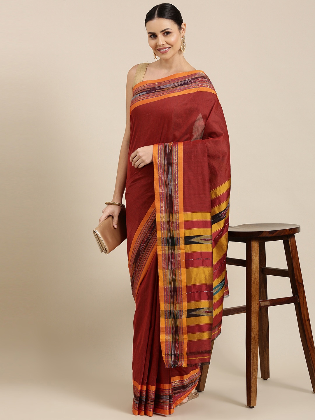 

KALINI Maroon & Mustard Yellow Solid Cotton Pochampally Saree