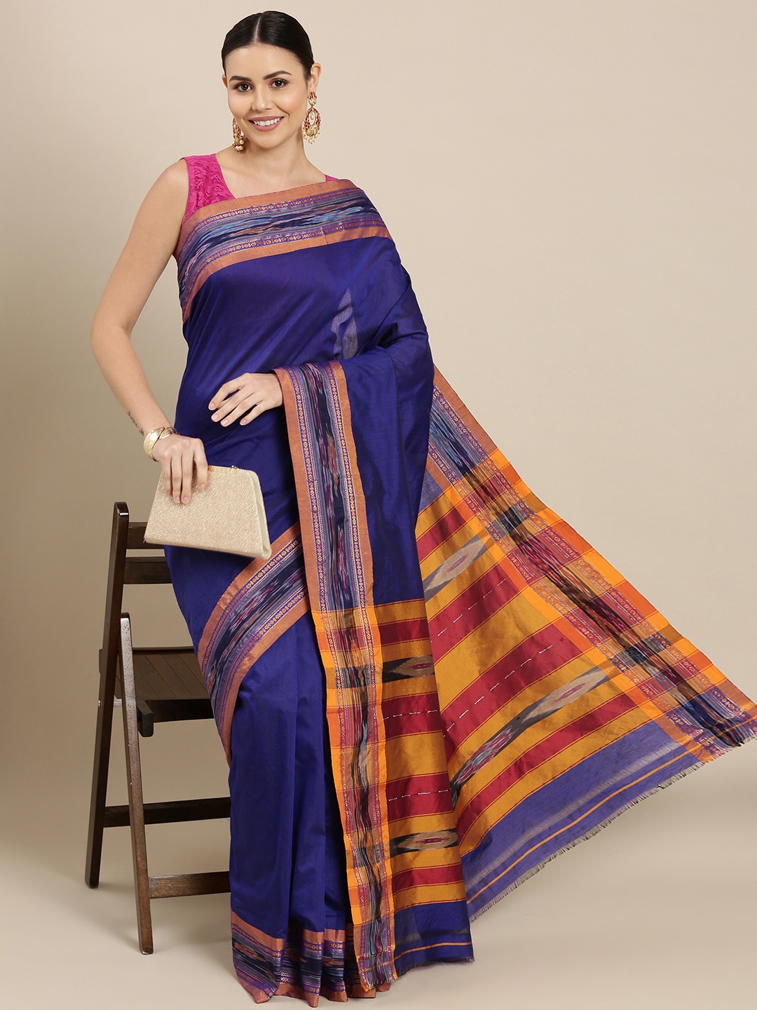 

KALINI Navy Blue & Yellow Pure Cotton Pochampally Saree