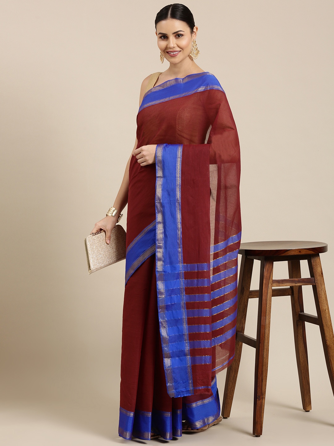 

KALINI Maroon & Blue Pure Cotton Chanderi Saree